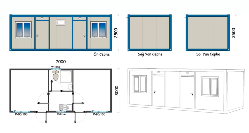 3x7 Şantiye Tipi Çift Giriş 2 Oda Wc Duş Mutfak Konteyner 