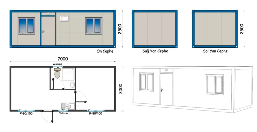 3x7 Şantiye Tipi İki Oda Wc Duş Mutfak Konteyner 