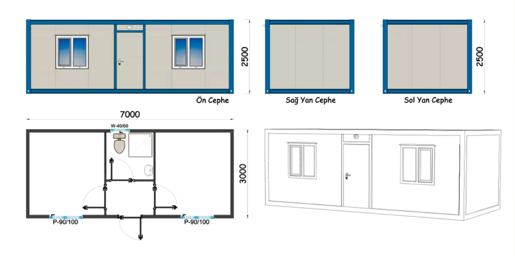 3x7 Şantiye Tipi İki Oda Wc Duş Mutfak Konteyner Ankara